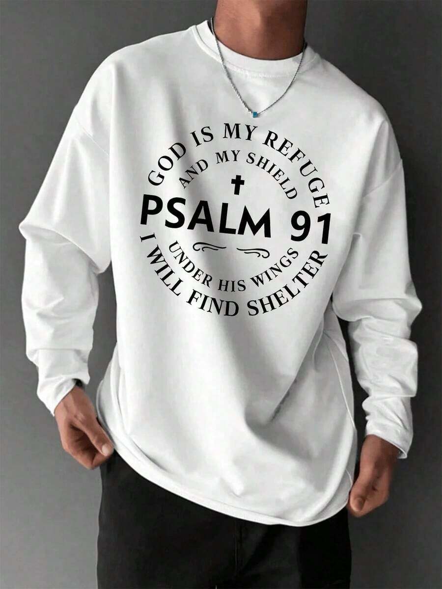 Men'S Round Neck Printed Long-Sleeved T-Shirt, Men's Psalm 91 Graphic Print Long Sleeve T-Shirt - Cotton Crewneck Religious Bible Verse Apparel With "God Is My Refuge And Shield" Inspirational Design, Comfortable Casual Christian Faith-Based Tee For Daily Wear(280 Gsm) - 白色 - 查看 1