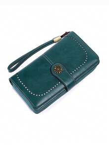 新款PU皮女士长款休闲钱包，大容量零钱包卡包一体式设计，带腕带，可作手拿包，适合日常使用，生日礼物，返校礼物，女士礼物，钱包 - 藍色 - 查看 4