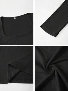 Vaiaye 女士性感修身长袖针织上衣，纯色方领T恤，适合情人节穿着 - 黑色 - 查看 11