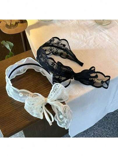 2 piezas Diadema con lazo de encaje, accesorio para el cabello de estilo Mori con ala ancha etérea para uso diario, diadema para mujeres, atuendos de otoño, tocado