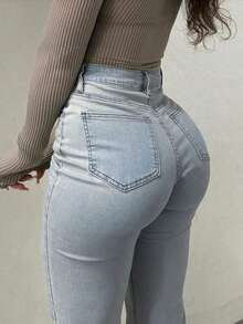 少女时尚微喇叭紧身牛仔裤 - 淺色水洗藍 - 查看 3