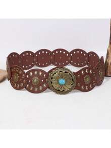 1pc Vintage Bohemian PU Leather Women's Belt, Suitable For All Seasons, American Western Cowgirl Style - Cà phê - Xem 23