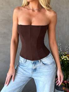 WOWDARK 女士夏季纯色无肩带网纱腰部休闲上衣，适合情人节、约会、聚会、派对、旅行、度假、海滩等场合。 - 棕色 - 查看 2