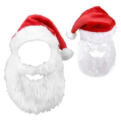 1 件节日圣诞节圣诞老人服装配饰，25 英寸毛绒胡须配圣诞帽，涤纶（聚酯纤维）材质，仅可手洗，抽绳封口，适合节日派对