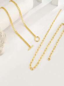 2pcs Stainless Steel OT Clasp Chain Necklace Set, Fashion Minimalist OT Clasp, Cuban Link, Paperclip Chain, Layered Choker Necklace, Geometric Personalized Versatile Jewelry Suitable For Girls And Women - Gold - View 3