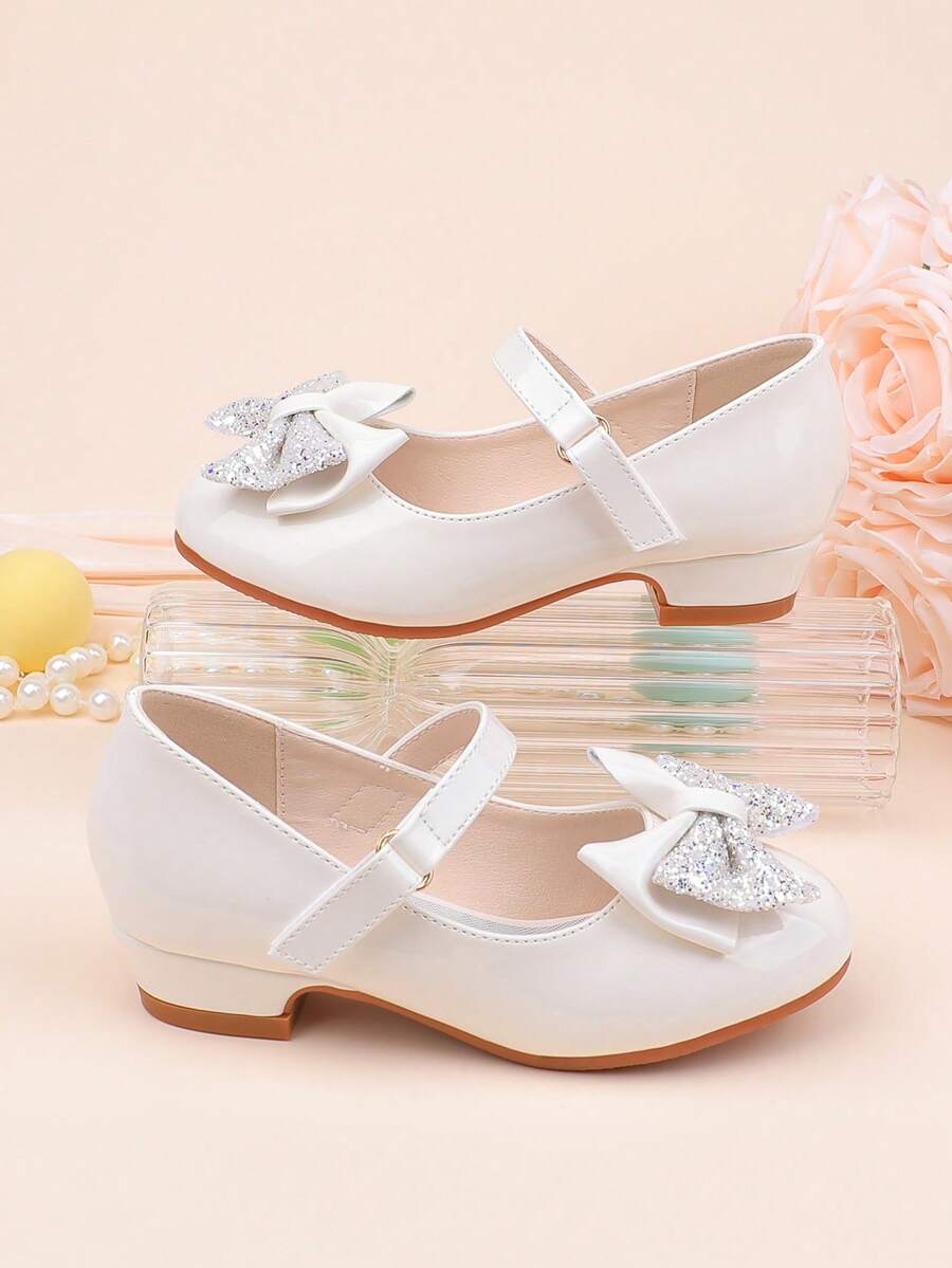 Zapatos de vestir con tacón grueso, decorados con lazo blanco y lentejuelas, adecuados para ocasiones formales, fiestas, bodas, actuaciones, ballet, estilo princesa, cómodos y versátiles para niñas pequeñas, medianas y grandes