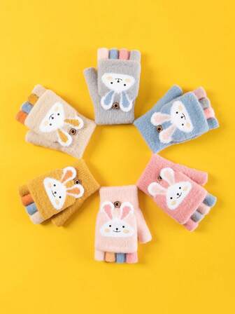 儿童手套，冬季，男女童通用，保暖，卡通，半指，翻盖指套，婴儿，保暖内衬，加厚，适合小学生，露指。