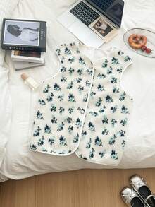 Women's Elegant Commuter Floral Print Sherpa Fleece Button-Up Vest Jacket