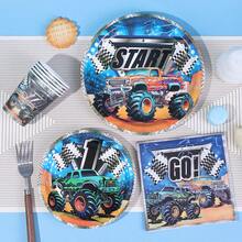 10/20/50 piezas, Juego de vajilla de cumpleaños de Monster Truck que incluye platos de papel, vasos y servilletas, platos desechables redondos de coches todoterreno, vajilla desechable de coches de carreras, platos con tema de camiones para fiestas de niños, pañuelos, vasos para decoraciones y suministros de fiestas de coches para niños