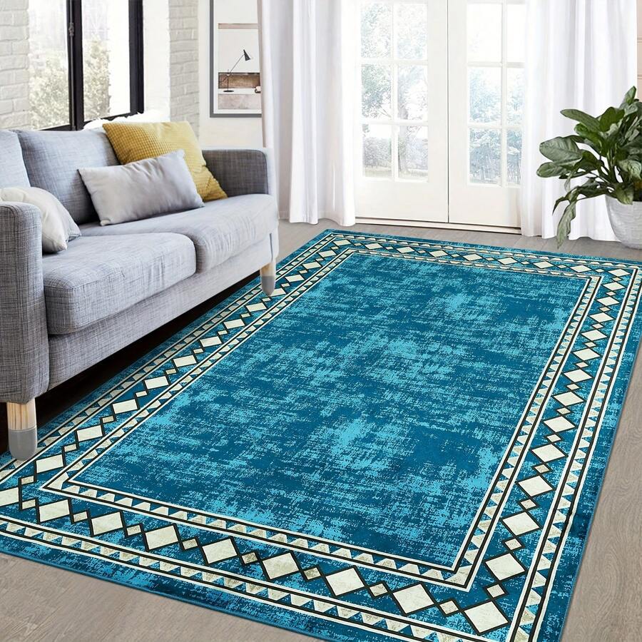 1 Piece Turquoise Blue Green Beige White Plaid Diamond Geometric Rug - Large Modern Low Pile Machine Washable Rug, Suitable For Living Room, Bedroom, Hallway, Bathroom, Farmhouse Soft Floor Mat - Turquoise Blue And Beige Diamond Pattern - Multicolor - View 1