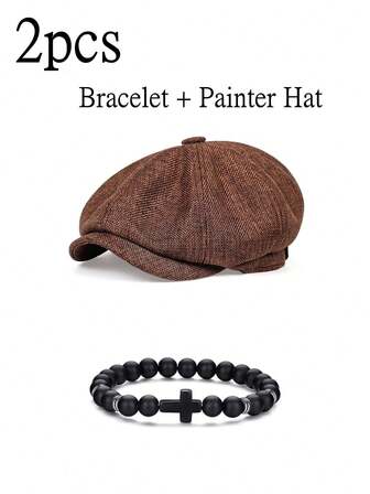 2pcs Set Men's Casual Newsboy Cap Solid Color Beret Hat + Fashionable Beaded Natural Stone Bracelet, Suitable For Spring And Autumn Outdoor Activities