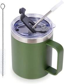 Volhoply - Taza de café con asa de acero inoxidable y aislamiento hermético, con tapa corrediza y popote, mantiene el frío y el caliente, tazas de campamento, 2 piezas, 355 ml, blanco - Verde militar - Ver 13