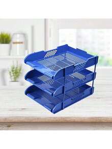 Organizador de escritorio de 3 niveles, apilable, para documentos, caja de almacenamiento de papel multicapa - Azul - Ver 6