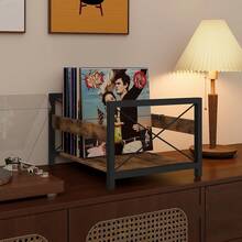 Estantería de almacenamiento de revistas/discos de vinilo de estilo vintage, combinación de hierro y madera, estantería de exhibición de discos de fonógrafo de escritorio para la sala de estar o el estudio