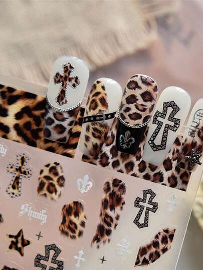 1 Sheet Leopard Print Nail Art Stickers Y2K Punk Cross Adhesive Decals For DIY Manicures