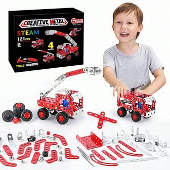 STEM Building Toys For Boys 8+ Years Old, 4-In-1 DIY Fire Truck Model Construction Blocks, Children's Assembling Puzzle Alloy Brick Gift Set