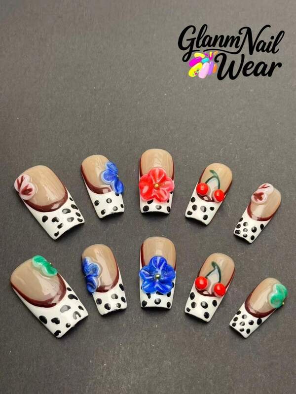 10 مسامير مربعة مضغوطة يدوية، مستوحاة من الألوان البيج والأبيض، مع نقاط بنية، وكرز أحمر، وأزهار ثلاثية الأبعاد ملونة، الطراز رجعي وجميل، والتنسيق اللوني حيوي.