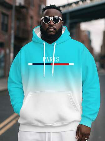 Men's Ombre Blue & White Drawstring Front Allover Print Casual Plus Size Pullover Sweatshirt, Autumn/Winter