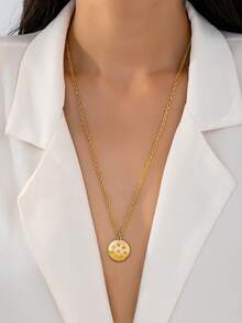 1pc Fashionable Minimalist Style Gold Metal Alloy Shield, Coin, Badge Pendant Design With Rhinestones, Women's Long Necklace Sweater Chain, Suitable For Daily Wear, Party, Banquet, Gift - Yellow Gold - View 7