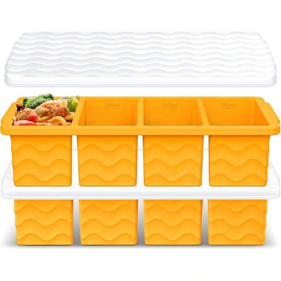 Silicone Freezer Tray For Soup With Lid – 1-Cup Soup Container Cube Style Ice Cube Trays For Freezer, Meal Prep & Food Storage, Freeze 250mL/125mL Portions – 2 Pack,24824181 - Mustard Yellow - View 1