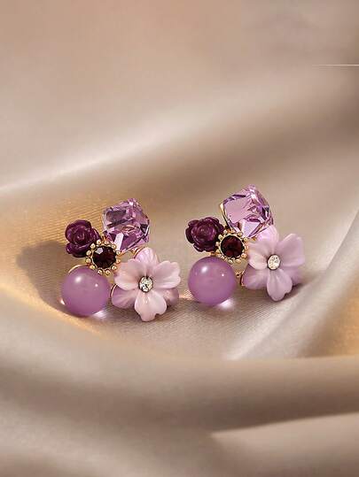 1 Pair Minimalist Elegant Vintage Purple Crystal Zirconia Flower Earrings, Unique Design Stud Earrings For Women, Suitable For Daily Wear And Parties