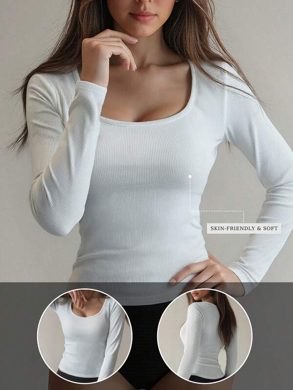 French Ribbed Long Sleeve Base Layer Top For Women, Skin-Friendly Soft Fitted Undershirt, Minimalist Versatile Elegant Style