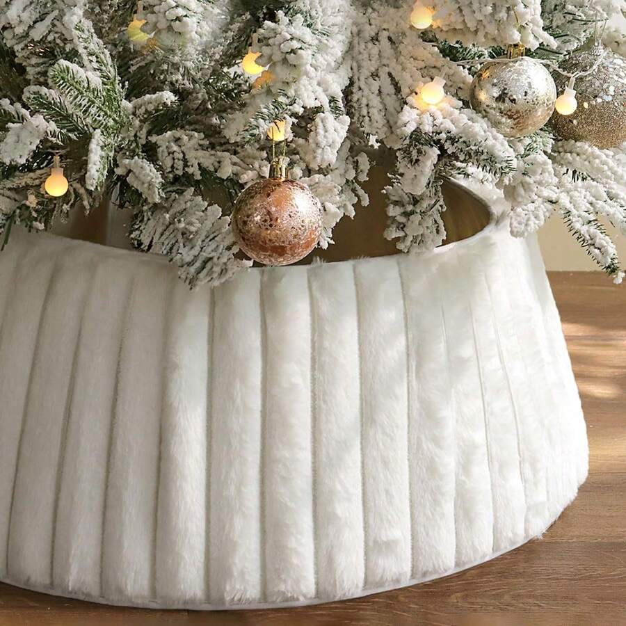 Collare per albero di Natale, collare per albero in pelliccia sintetica bianca rustica e lussuosa con motivo a croce strutturato, morbido anello per albero di Natale in stile bohémien, gonna per albero beige per decorazioni natalizie e arredamento per la casa