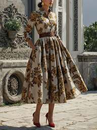 Vestido feminino de outono/inverno com blusa, saia evasê franzida e cinto, mangas 3/4, em tecido retrô elegante com estampa. Ideal para festas de fim de ano, eventos formais, chá da tarde e encontros casuais.