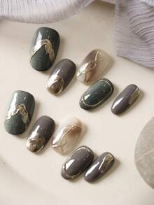 10pcs Press On Short Nail Dark Green Halation Cat's Eye Golden Irregular Lines Grey Black Press On Acrylic Nails Fake Nails Artificial Nails Kit Includes 1sheet Adhesive Tabs &1 Pc Mini File - Multicolor - View 3