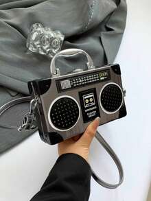 1个新款收音机造型手提包，时尚音乐元素盒子包，趣味礼物，独特扬声器设计斜挎包，男女皆宜 - 槍色 - 查看 6