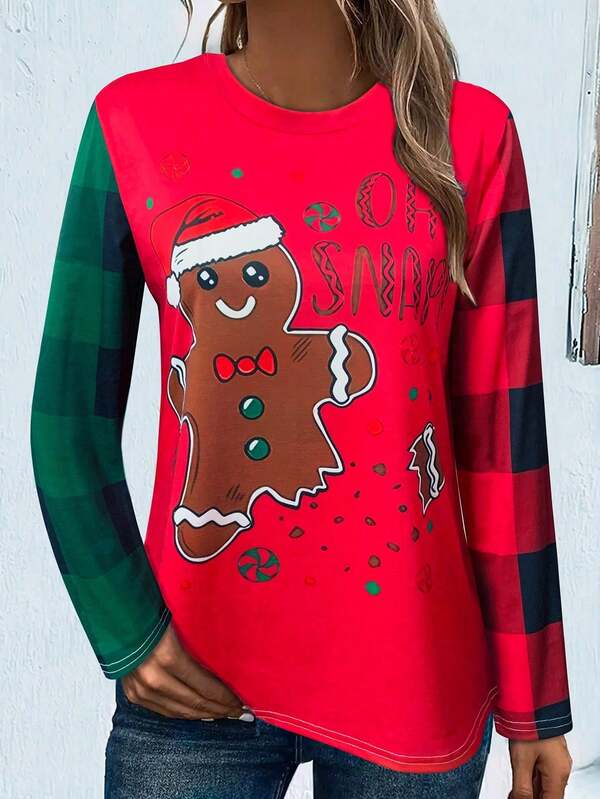 Damen Lebkuchenmann & Buchstaben Muster Lässig Langarm T-Shirt für alle Anlässe, Damen süßer Weihnachts-Lebkuchenmann Muster Langarm T-Shirt, Karomuster Ärmel Lässig Feiertags-Oberteil, Lässig Weihnachts-Outfit für Frauen