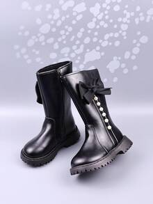 Botas para niñas para otoño/invierno, nuevos estilos de botas altas para niños, botas de princesa de cuero con suela gruesa, lazo y perlas para niños de talla media, zapatos escolares, botas altas con cremallera lateral para niñas