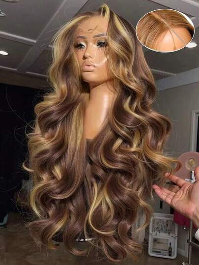 VIOLLY Perruque à fermeture frontale en dentelle HD pré-coupée sans colle de 5x5 pouces, ondulée, de 28 pouces, dégradé blond miel, ligne de cheveux pré-épilée, prête à porter