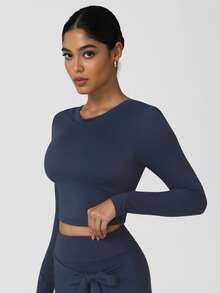 Sodalemon Camiseta de entrenamiento de manga larga para mujer, camiseta de yoga elástica de cuello redondo para fitness, ropa casual de deporte y entrenamiento - Azul Marino - Ver 5