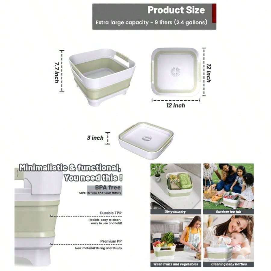 Collapsible Dish Basin With Drain, 9L2.4Gal Capacity, Space Saving Portable Sink Bottle, Kitchen, Camping RV, Gray - 綠色 - 查看 1