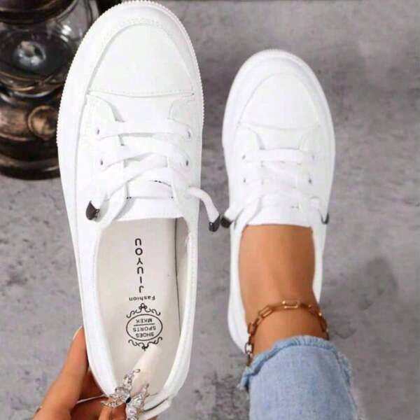 Women's White Classic Versatile Round Toe Slip-On Casual Lace-Up Soft Comfortable Flat Outdoor Sports Casual Sneakers, Simple Shoe Upper, Smooth Lines, Overall Clean And Neat. Suitable For Spring, Summer, Autumn, Daily Outings, Campus, Holidays, Street Fashion Matching
