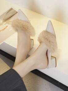 Women's Beige High Heel Mules, Fashion Fluffy Fluffy Slip-On Pointed Toe Block Heel Backless Slides, Spring/Autumn New Style, Party Outfits - Beige - View 3