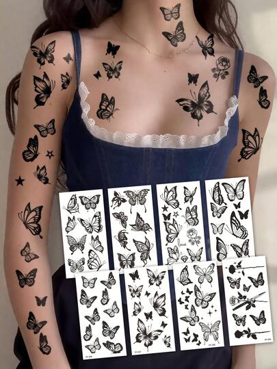 8 fogli di grandi dimensioni di adesivi per tatuaggi temporanei da donna, con motivi di farfalle e fiori neri, impermeabili, durano 2-5 giorni, da usare su braccia, spalle, petto, vita, schiena e gambe, facili da applicare e rimuovere, adatti come regali per feste, vacanze e festival musicali
