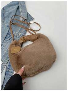 女士可爱毛绒斜挎包，蓬松顶部提手包单肩包时尚美观吊带钱包毛绒包，褶皱云毛绒包，仿皮草女士包手提包可爱小众毛绒 - 棕色 - 查看 5