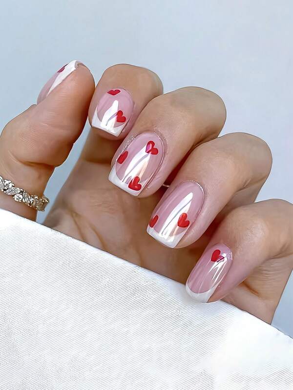 30 Peças Unhas Postiças Quadradas Curtas, Base de Cor Nude Gélida, Eletrodepositadas com Ponta Francesa Branca e Arte de Coração, Qualidade de Salão e Fácil de Aplicar, Conjunto com 1 Cola de Unha e 1 Lixa de Unha, Perfeito para Uso Diário no Escritório e Noite de Encontro