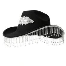 Women's Felt Bridal Cowgirl Hat Wide Brim Jazz Cap Stylish Rhinestone Tassel Western Hat For Party - màu đen - Xem 6