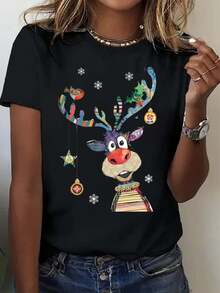 Women's  Christmas Reindeer Holiday T-Shirt With Colorful Antlers And Ornaments, Festive Snowflake Print, Perfect For Winter Celebrations And Xmas Parties 220g - 黑色 - 查看 1