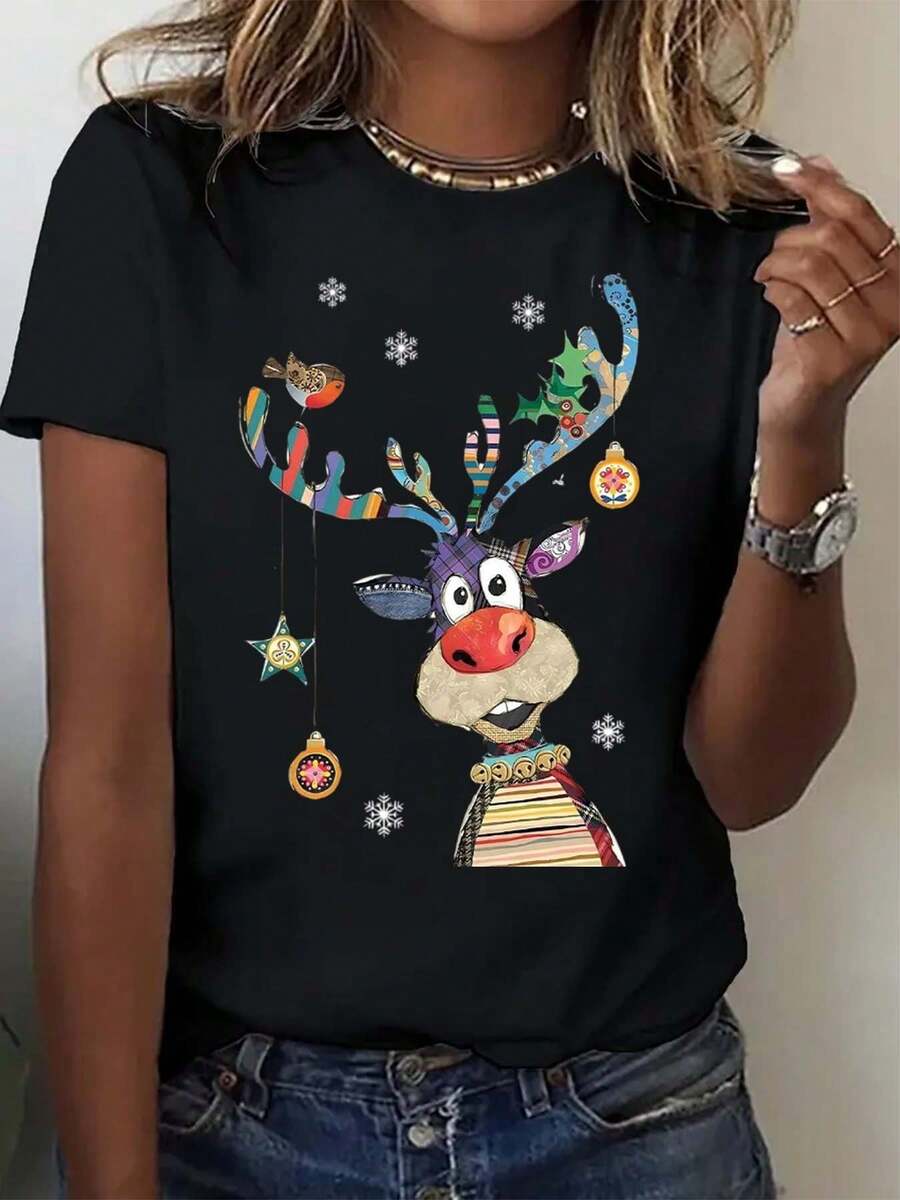 Women's  Christmas Reindeer Holiday T-Shirt With Colorful Antlers And Ornaments, Festive Snowflake Print, Perfect For Winter Celebrations And Xmas Parties 220g - 黑色 - 查看 1