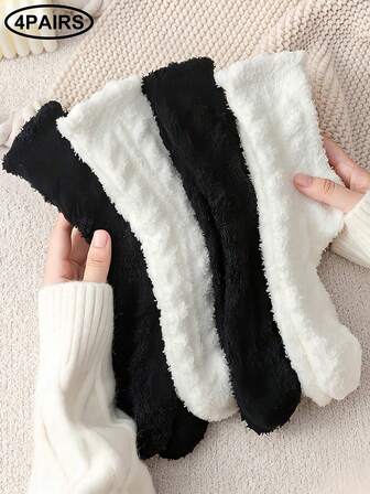 4 Pairs Women's Coral Fleece Mid-Calf Socks, Black & White, Warm & Fuzzy For Home, Autumn/Winter