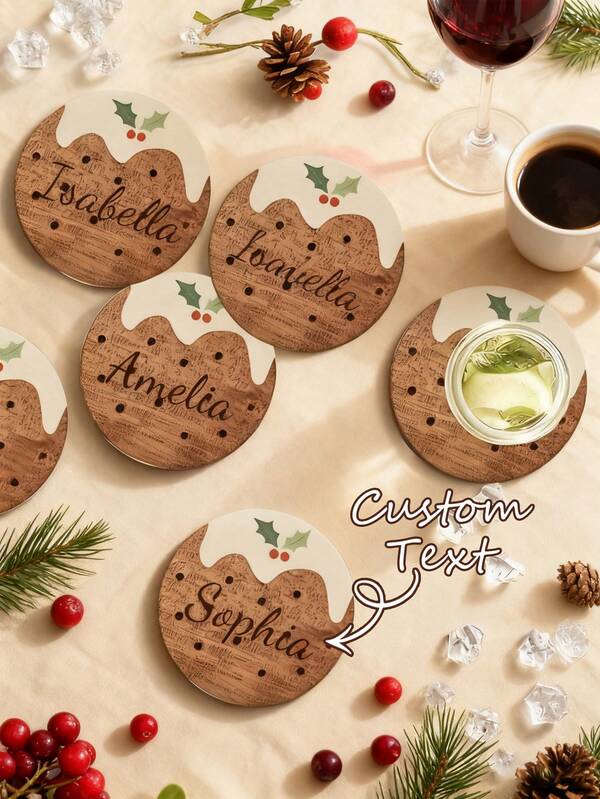 2/4 piezas Posavasos de madera personalizados y lindos para Navidad, adecuados para la decoración de mesa navideña, muebles, posavasos para bebidas en el hogar, posavasos para copas de vino, regalos de Navidad, decoraciones navideñas, regalos para Navidad, decoración navideña y de vacaciones, 1 pieza