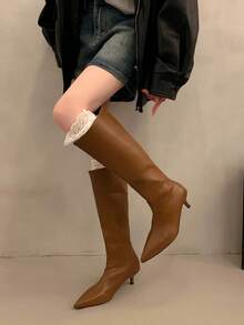 Women's French Pointed Toe Mini Stiletto Heel Knee-High Boots, 2025 Autumn/Winter New Style, Wide Shaft, Minimalist Solid Color, Sexy Fashion Versatile High Boots, Western Style, Elegant Fashion Long Boots, Riding Boots - Brown - View 4