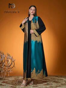 Magiacy-Pop 新款女士纯色梭织撞色提花睡袍（不含里衬） - 黑色 - 查看 4