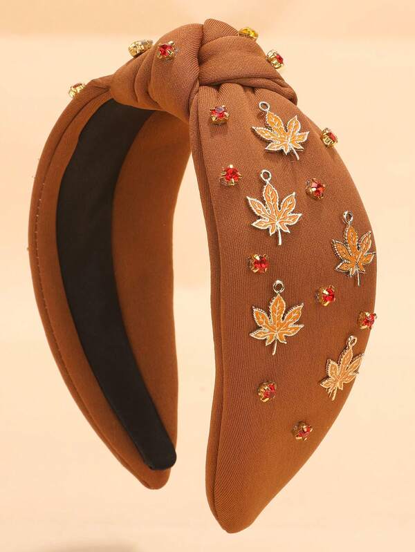 1 قطعة شريط رأس بتصميم ورقة القيقب للنساء في ، شريط رأس مزين بالراين ستون مربوط، إكسسوار لملابس ، هدية عطلة بنمط الأوراق، شريط شعر، دياديما، حلقة شعر