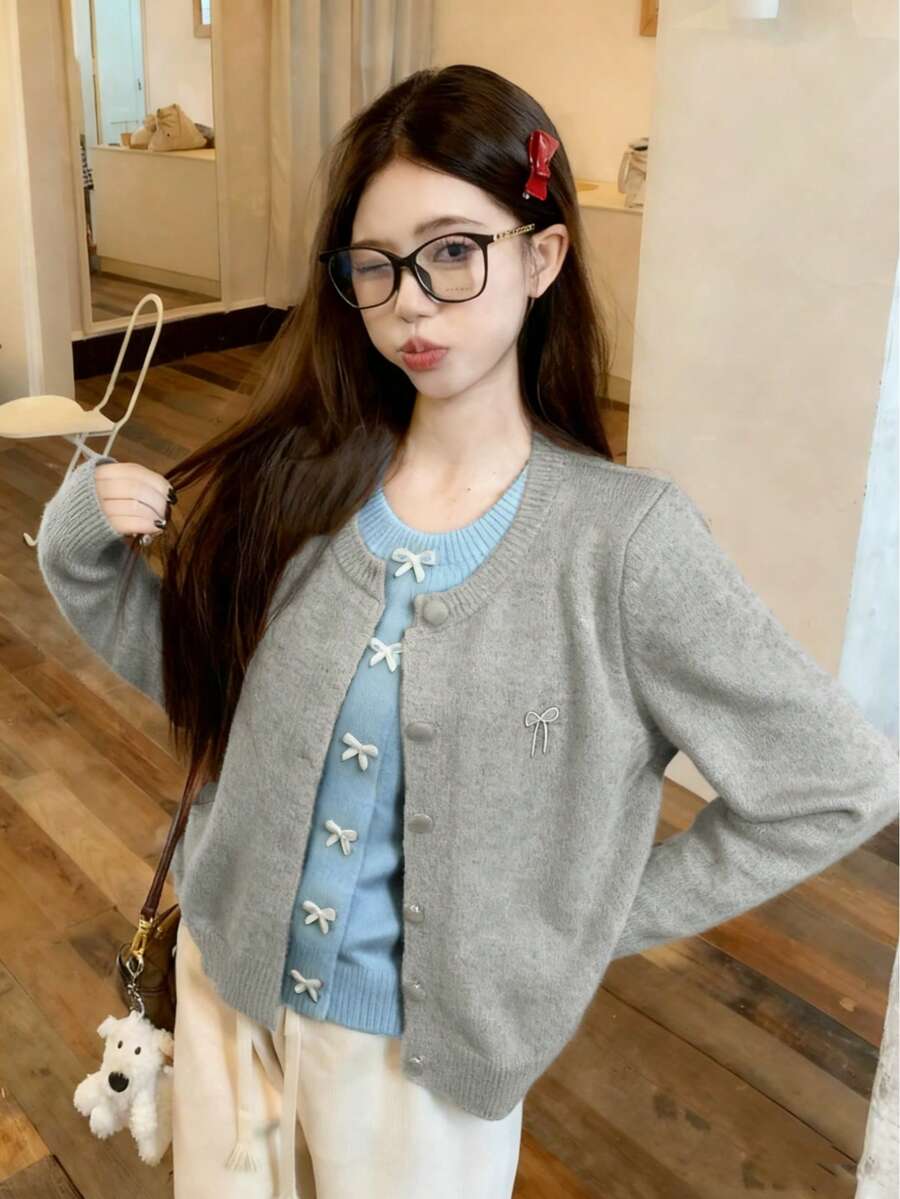 韩版设计红色蝴蝶结针织开衫,甜美少女风毛衣外套,秋冬新品 - 灰色 - 查看 1