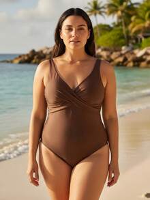 Plus Size Beach And Pool Swimsuit Elegant Feminine Comfort And Style With Removable Pads - Brown - Mo8000 - View 5